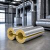 Dos piezas de preformado de lana de vidrio de 91 cm con corte longitudinal, ideales para aislamiento térmico de tuberías industriales.