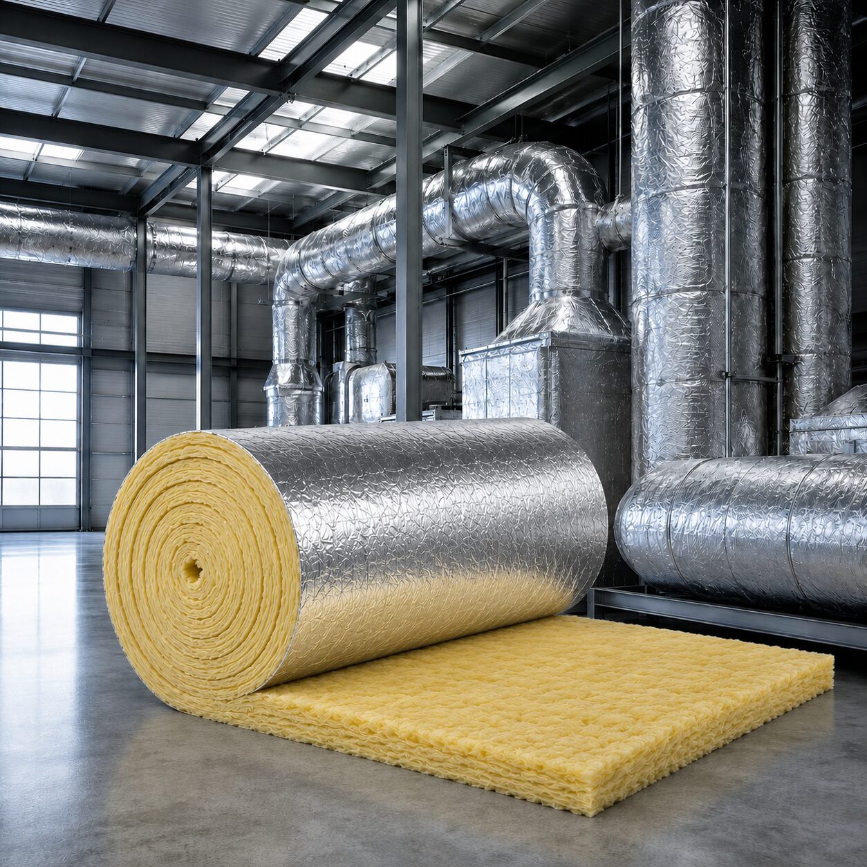 Rollo Duct Wrap de lana de vidrio con recubrimiento de aluminio para aislamiento térmico de ductos HVAC.