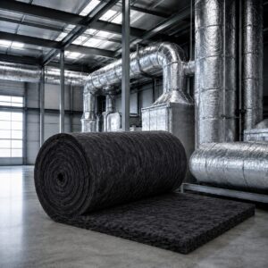 Rollo de lana de vidrio duct liner color negro para aislamiento acústico interior de ductos de aire acondicionado.