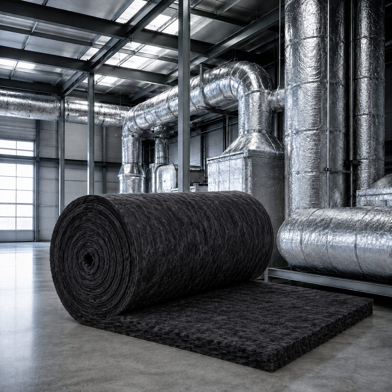 Rollo de lana de vidrio duct liner color negro para aislamiento acústico interior de ductos de aire acondicionado.